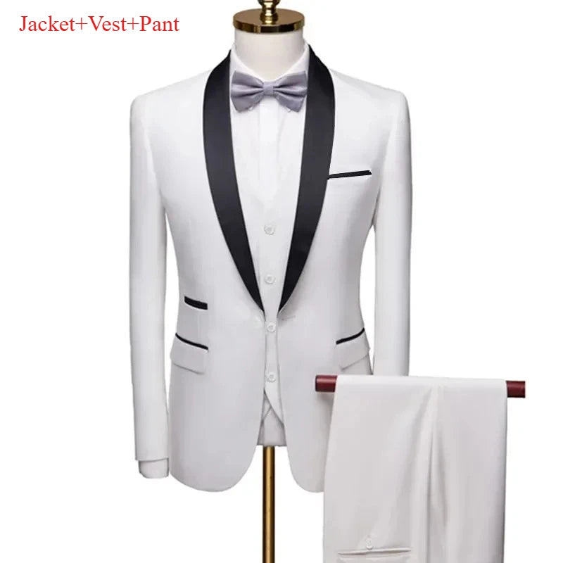 Men's Lapel Black Suit Set Coat Vest Trousers / Business Groomsmen Groom Wedding Dress Fprmal Blazer Pants