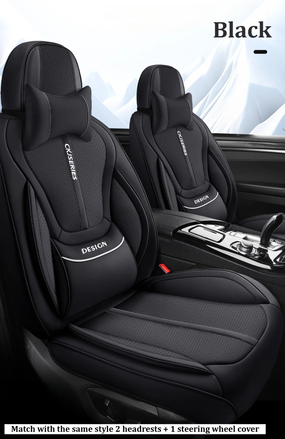 Premium PU Leather Auto Seat Covers Set with Built-in Lumbar Support +2 Headrest Covers +1 Steering Wheel Cover Comfortable