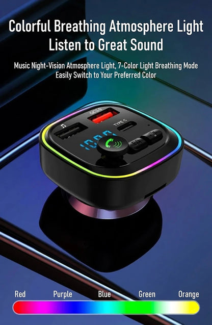 Car Bluetooth FM Transmitter Audio Adapter With RGB Ring Light Dual USB QC3.0 And Type-C Fast Charger Hands-Free MP3 Player