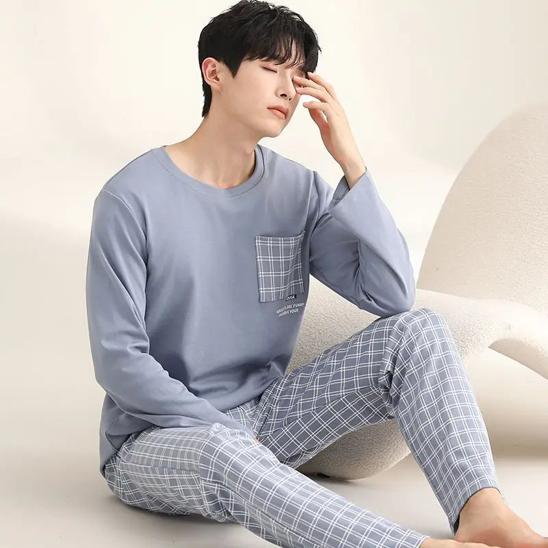 2024 Autumn Long Sleeve 100% Cotton Pajamas Sets for Men Korean Loose High Quality Sleepwear Pyjamas Male Homewear Home Clothes