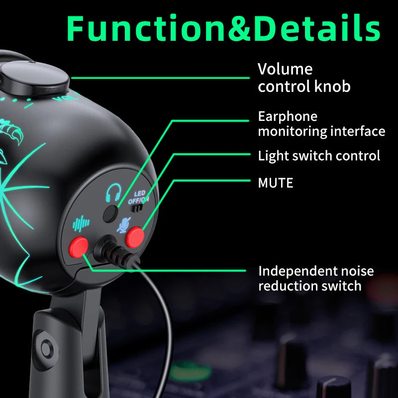 Gaming Microphone USB Microphone for PC Condenser Podcast Mic for Studio Recording with Headphone Jack, Led, Noise Cancellation