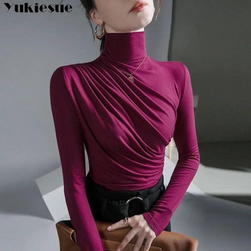 Pleated Stretch T-shirt New Spring Autumn Turtleneck Bottoming Pullover Women's Casual Elegant Basic Top Shirts Harajuku Gothic