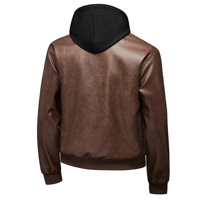 Hooded Leather Motorbiker Jacket Men's Streetwear Fake Two PU Leather Jackets Winter New Biker Coats Men Motorcycle Leather Coat