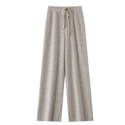 Chic Wide-Leg Pants Women's Autumn Winter Solid Color 100% Merino Wool Knitted Casual Loose Soft Thick Warm Popular Trousers