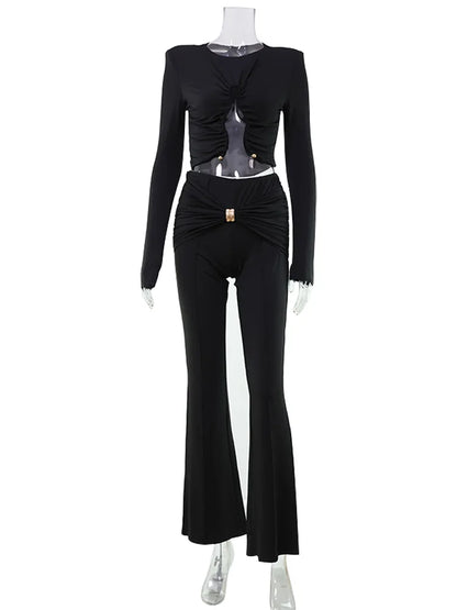 Ahagaga Autumn Fashion Women's Sets Solid Regular Long Sleeves O-Neck Skinny 2Pcs (Tops+Pants) Knot Casual Streetwear Folds Suit