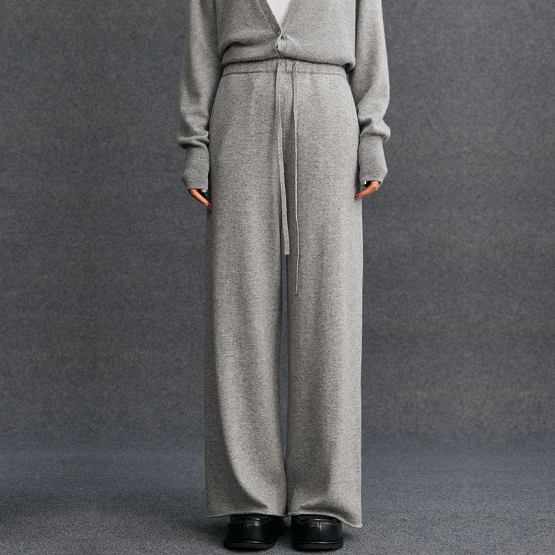 Ladies 100% Cashmere Knitted Wide Leg Pants Casual Solid Color Loose Fit Elastic Waist Floor-Length Poc Matching Pants