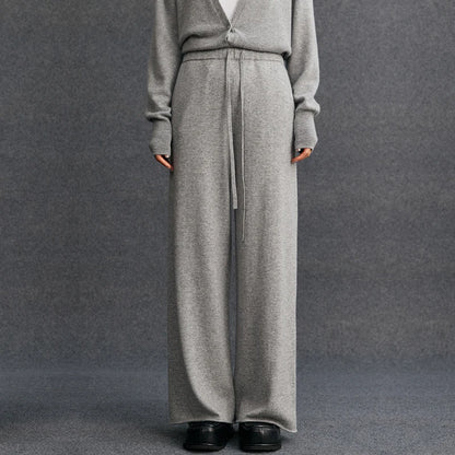 Ladies 100% Cashmere Knitted Wide Leg Pants Casual Solid Color Loose Fit Elastic Waist Floor-Length Poc Matching Pants