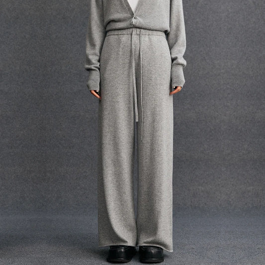 Ladies 100% Cashmere Knitted Wide Leg Pants Casual Solid Color Loose Fit Elastic Waist Floor-Length Poc Matching Pants
