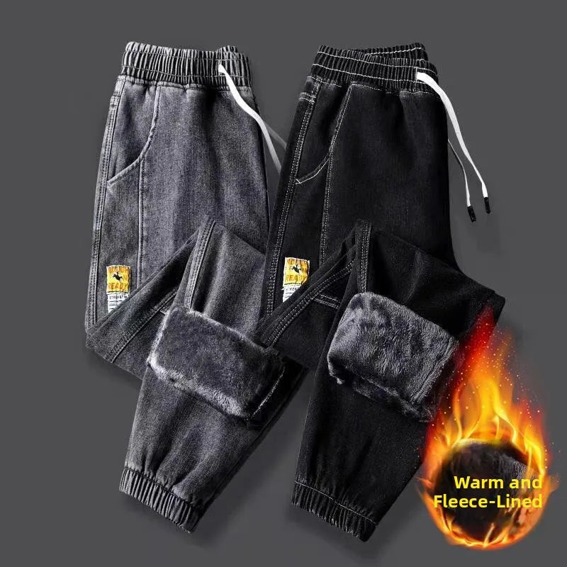 Thickened Fleece Lined Loose Fit Workwear Jeans for Men Casual Harlan Pants Multi Pockets Youth Trend Winter Construction Sit...