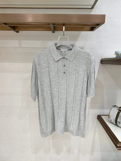 BC Yarn Linen Cotton Blended Lapel Striped Knitted POLO Shirt