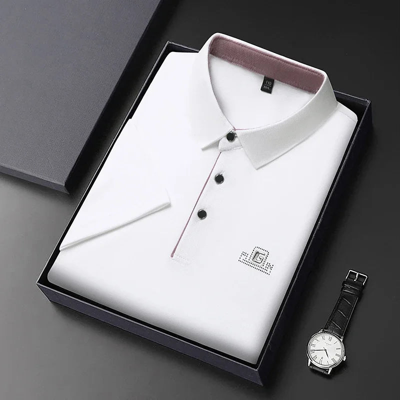 Men's Business Ice Silk Work Shirts Summer Badge Solid Color Polo Shirt Office Wear Man Breathable Comfortable Versatile Tops