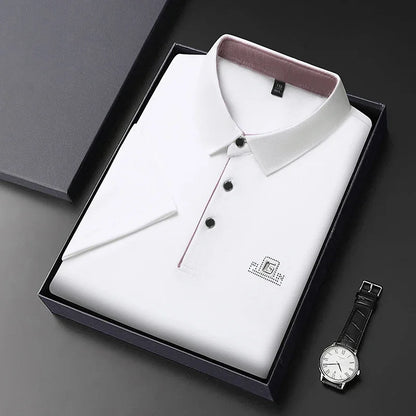 Men's Business Ice Silk Work Shirts Summer Badge Solid Color Polo Shirt Office Wear Man Breathable Comfortable Versatile Tops