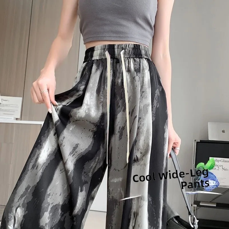 Summer 2026 Women's Ice Silk Wide Leg Pants Narrow Straight Casual Cool Pants Sunscreen Mosquito Proof High Waist Long Trousers