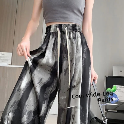 Summer 2026 Women's Ice Silk Wide Leg Pants Narrow Straight Casual Cool Pants Sunscreen Mosquito Proof High Waist Long Trousers