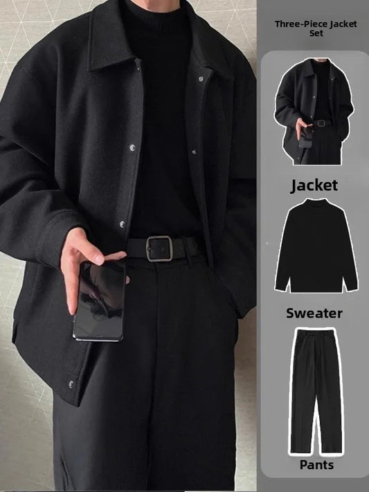 Men's Woolen Jacket Set Casual Autumn Winter Style Youth Long Sleeve Pants Three Piece Suit Elegant Fashionable Men's Wear