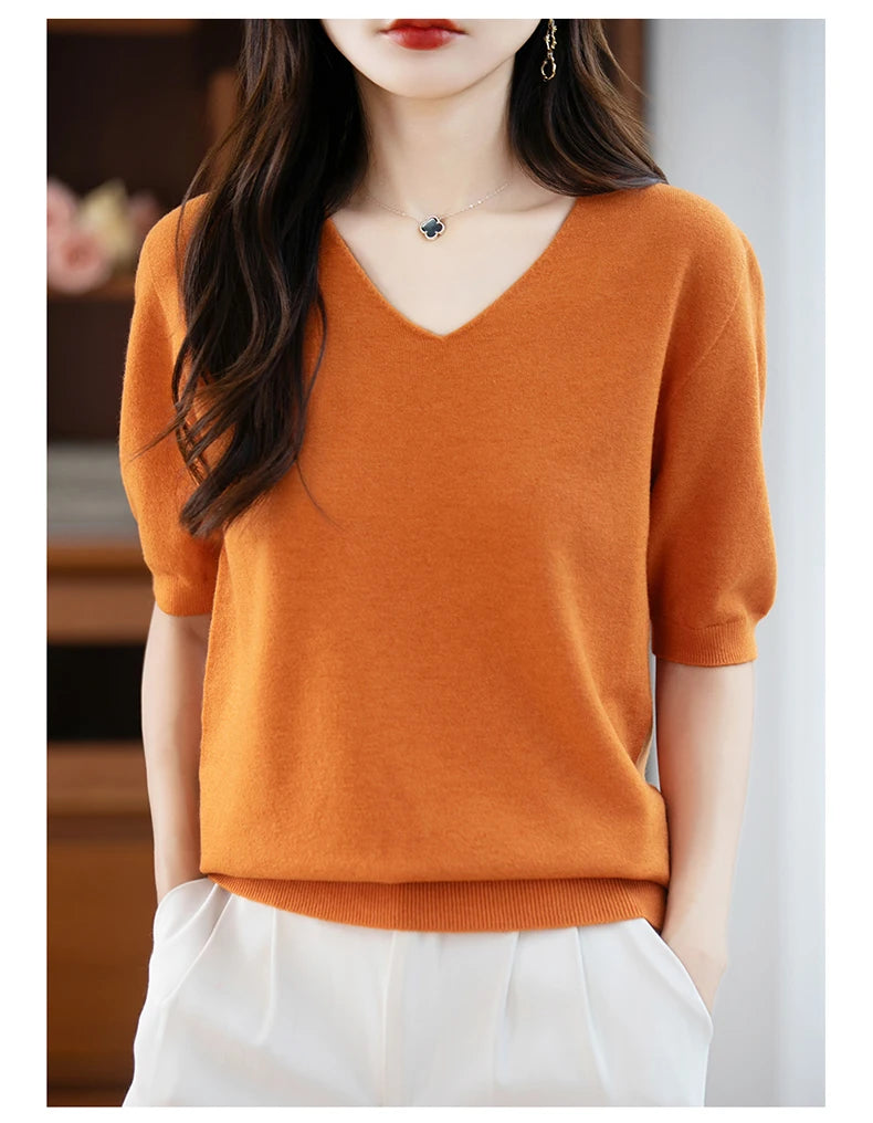 Thin Worsted Wool Short-Sleeved Women's Loose Round Neck T-shirt Printed Summer Fashion Knitted Bottoming Shirt Half-Sleeved