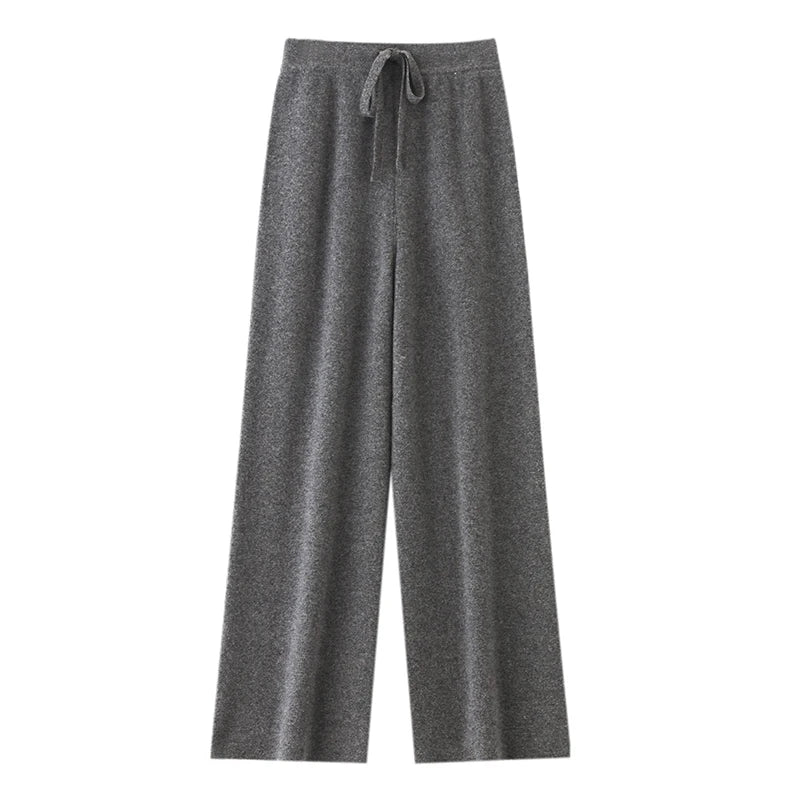 Chic Wide-Leg Pants Women's Autumn Winter Solid Color 100% Merino Wool Knitted Casual Loose Soft Thick Warm Popular Trousers