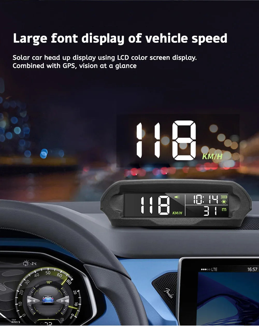 Digital Head‑Up Displayer OBD2+GPS Speed Warning Head Up Display Smart Gauge Car HUD Speedometer Turbo RPM Alarm for Car Truck