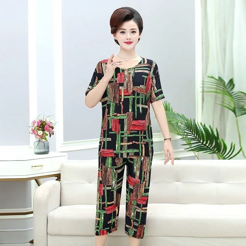 Summer 2025 Ice Silk Loose Fit Short Sleeve round Neck Two Piece Set for Middle-Aged And Elderly Casual Style Comfortable Wear