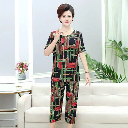Summer 2025 Ice Silk Loose Fit Short Sleeve round Neck Two Piece Set for Middle-Aged And Elderly Casual Style Comfortable Wear