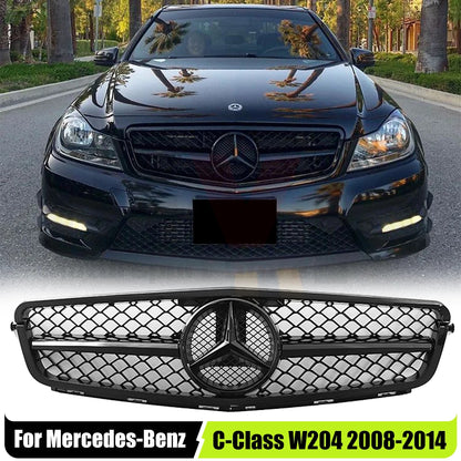 Glossy Black AMG Style Bumper Grille Grill With OE Style Emblem Logo For Mercedes Benz C-Class W204 2008-14 C180 C200 C250 C350