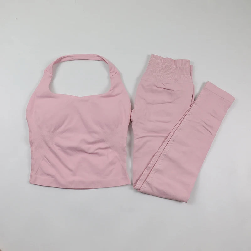 Women's Halter Neck Backless Yoga Set Seamless 2-Piece Outfit Ribbed High-Waist Scrunch Shorts Butt Lifting Gym Pilates Fitness