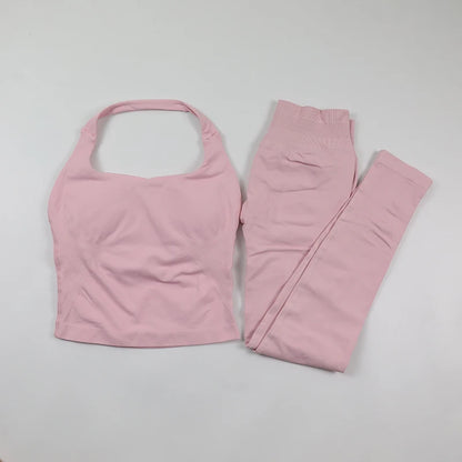 Women's Halter Neck Backless Yoga Set Seamless 2-Piece Outfit Ribbed High-Waist Scrunch Shorts Butt Lifting Gym Pilates Fitness