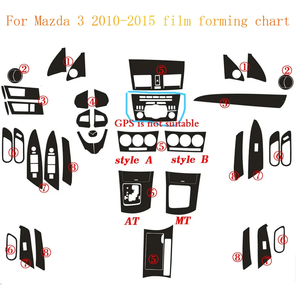 For Mazda 3 2010-2015 Interior Central Control Panel Door Handle Carbon Fiber Stickers Decals Car styling Accessorie