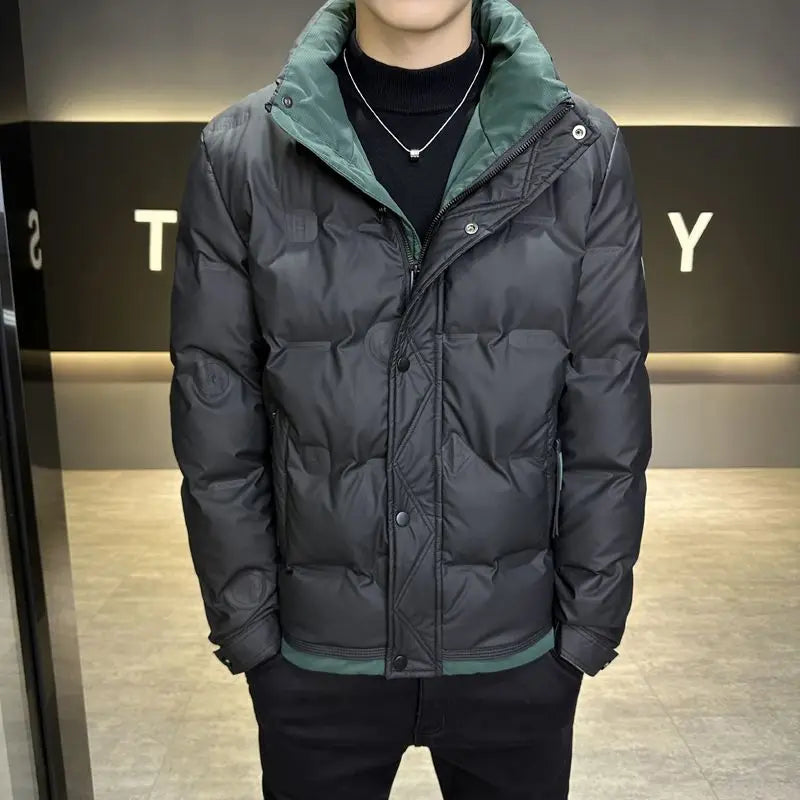 Korean Style Men's Short Down Jacket 2025 Winter Warm Slim Fit White Duck Down Coat with Stand Collar for Youth