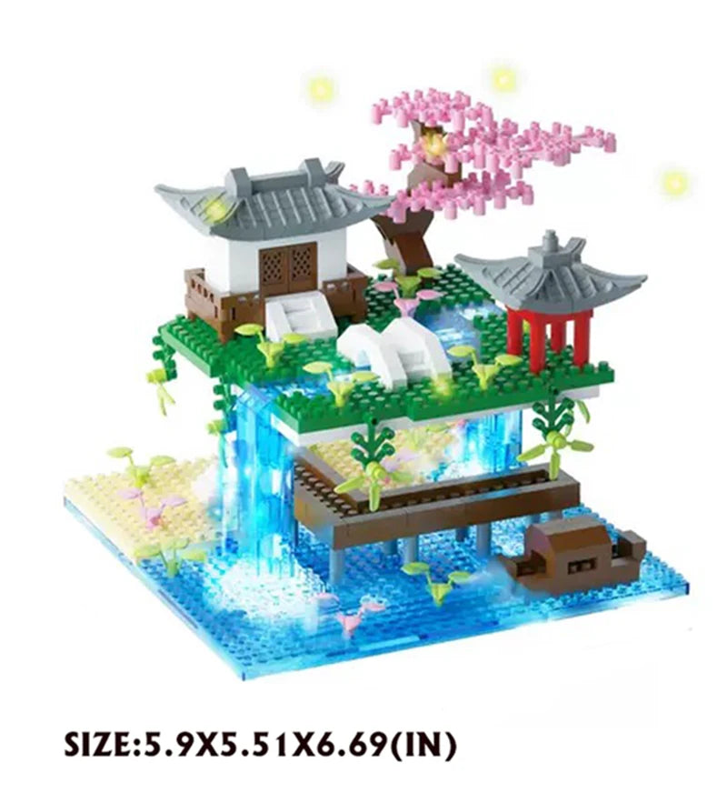 MOC Mini Building Block Set Peach Blossom Pool Chinese Architecture Cherry Bonsai Japanese Cherry Tree House Lantern Gift Toy