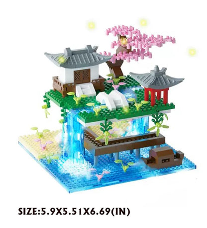 MOC Mini Building Block Set Peach Blossom Pool Chinese Architecture Cherry Bonsai Japanese Cherry Tree House Lantern Gift Toy