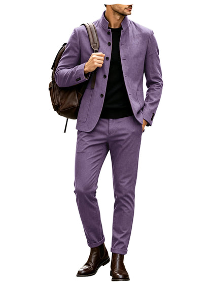 Men's Linen Stand Collar Suit 2-Piece Blazer & Pants Set Slim Fit Business Casual Tuxedo Jacket Trousers Formal Wedding Outfit