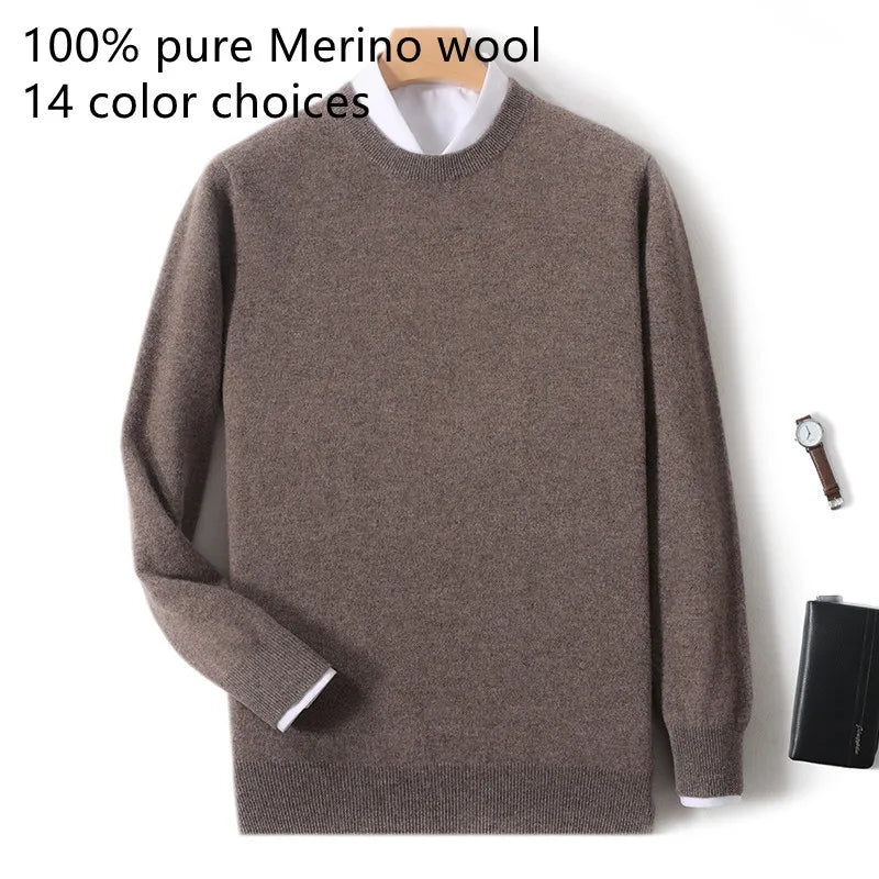 2025 100% Pure Merino Wool Men's Round Neck Pullover Solid Color Plus Size Casual Sweater Autumn And Winter Sports Cashmere Top