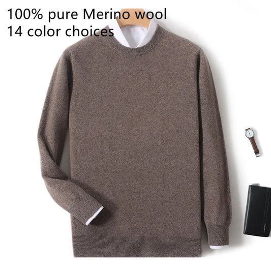 2025 100% Pure Merino Wool Men's Round Neck Pullover Solid Color Plus Size Casual Sweater Autumn And Winter Sports Cashmere Top