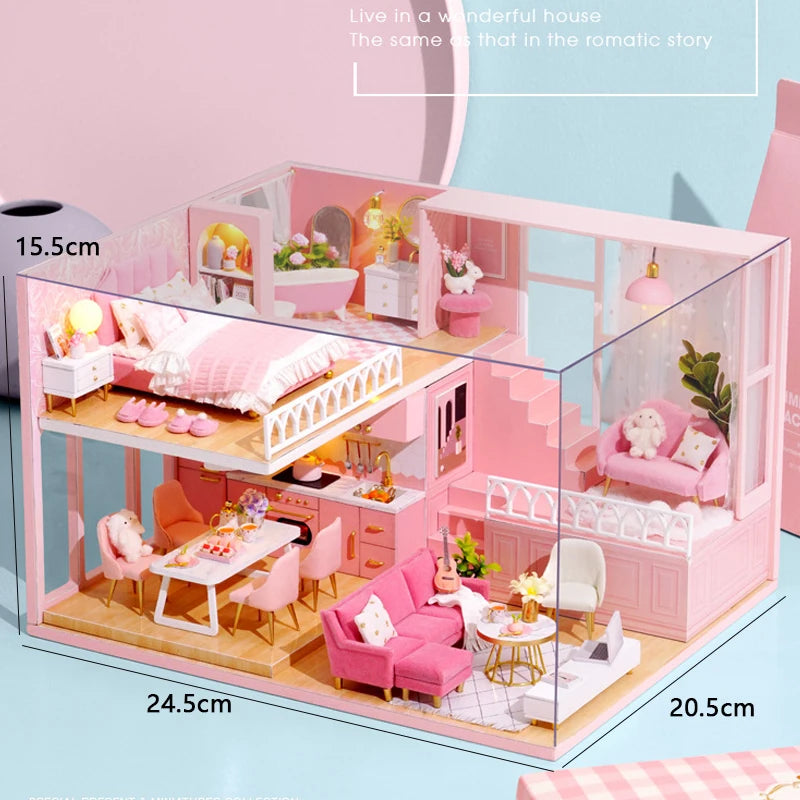 DIY Wooden Doll House Casa Miniature DollHouses Duplex Apartment Model Kits With Furniture LED Lights For Friends Birthday Gifts