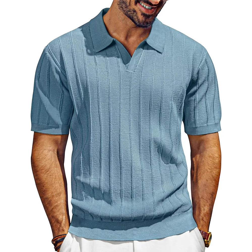 Men's Knit Polo Shirt Short Sleeve V Neck Ribbed Casual Summer Top 2026