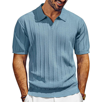 Men's Knit Polo Shirt Short Sleeve V Neck Ribbed Casual Summer Top 2026