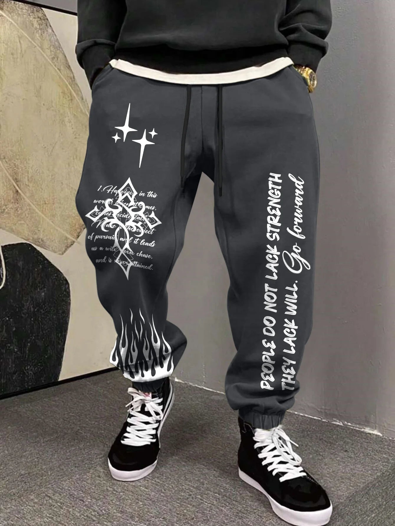 Men's Retro Vintage Script Letter Flame Graphic Joggers Elastic Cuff Sweatpants Popular Streetwear Casual Pants