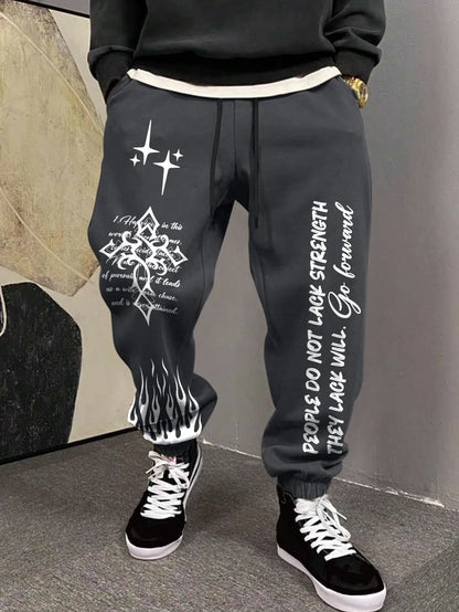 Men's Retro Vintage Script Letter Flame Graphic Joggers Elastic Cuff Sweatpants Popular Streetwear Casual Pants