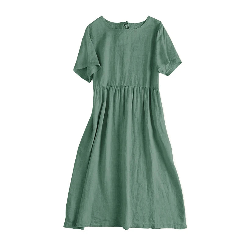 Summer Cotton Linen Women Dresses Vintage Short Sleeve Casual Loose Back Bandage Harajuku Party Club Dress With Pockets