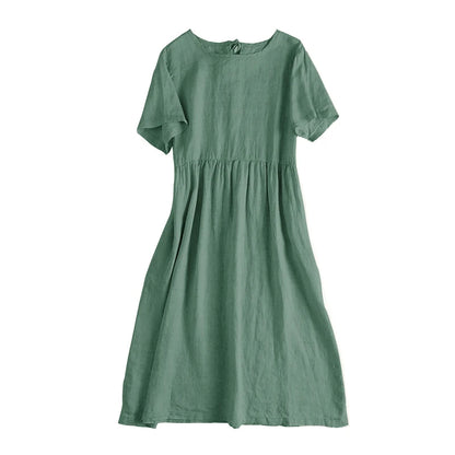 Summer Cotton Linen Women Dresses Vintage Short Sleeve Casual Loose Back Bandage Harajuku Party Club Dress With Pockets