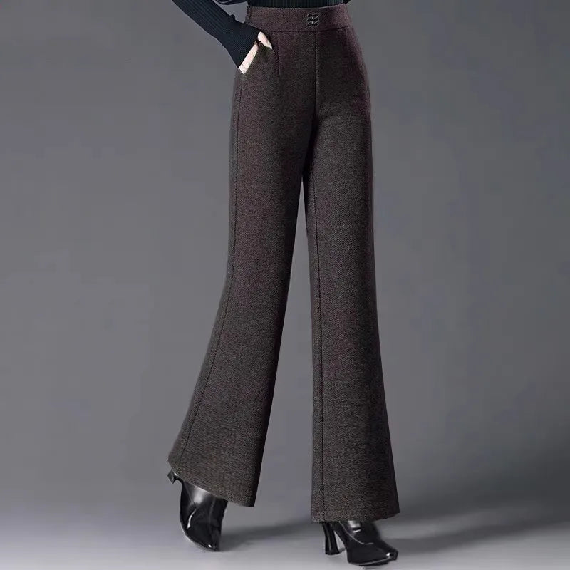 Women's Woolen Flared Pants High Waist Elastic Polyester Fiber Warm Casual Trousers for Autumn Winter 2025 New Style