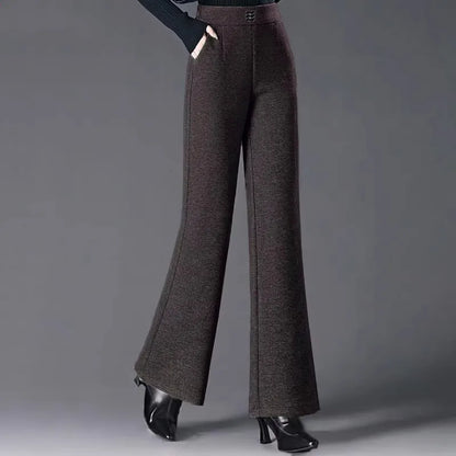 Women's Woolen Flared Pants High Waist Elastic Polyester Fiber Warm Casual Trousers for Autumn Winter 2025 New Style