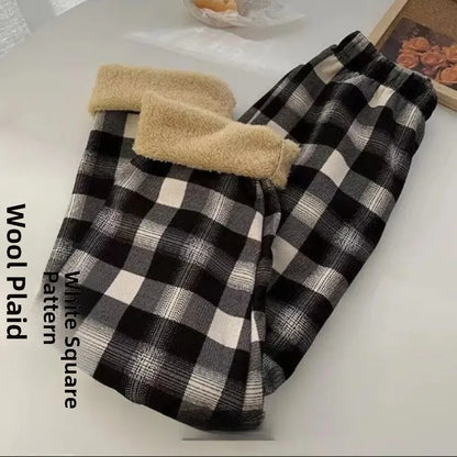 Thickened Fleece Straight Leg Pants Winter New Style Lamb Velvet Plaid Women's High Waist Warm Casual Wide Leg Pants