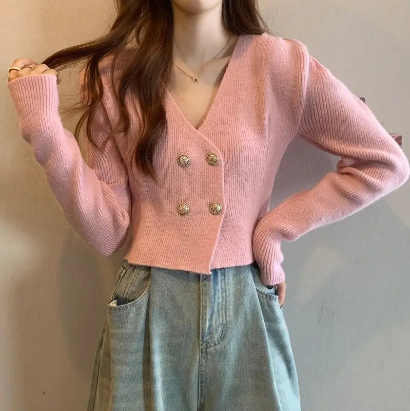 Elegant V-Neck Bubble Sleeve Knitwear Short Top Fashion Trend Neck Hanging Style Girl's French Style Slim Fit Long Sleeve Autumn