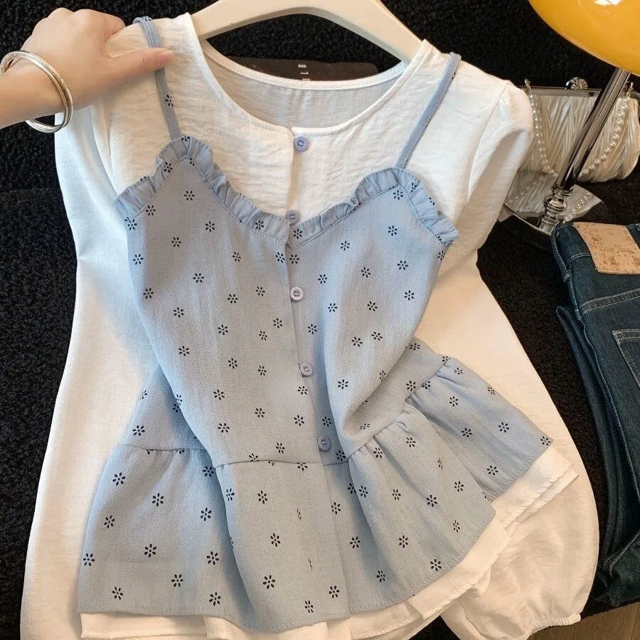 Floral round Neck Shirt Women's 2026 New Spring Design Color Block Fake Two-Piece Layering Long Sleeve Top Polyester Fiber