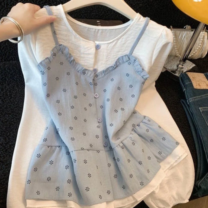 Floral round Neck Shirt Women's 2026 New Spring Design Color Block Fake Two-Piece Layering Long Sleeve Top Polyester Fiber