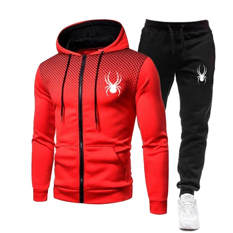 2026 Spring Winter spider print zipper long-sleeved hoodie + stretch waist pants two-piece men's sports jogging fitness suit