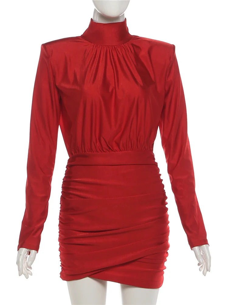 Sisterlinda Elegant Shoulder Padded Dress Women Turtleneck Ruched Sexy Classic Office Commute Simple Peach Hip Slim Mini Bodycon