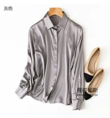 Luxury Satin silk shirt women's long sleeve 93% mulberry silk shirt commuter office lady style for Spring/Summer